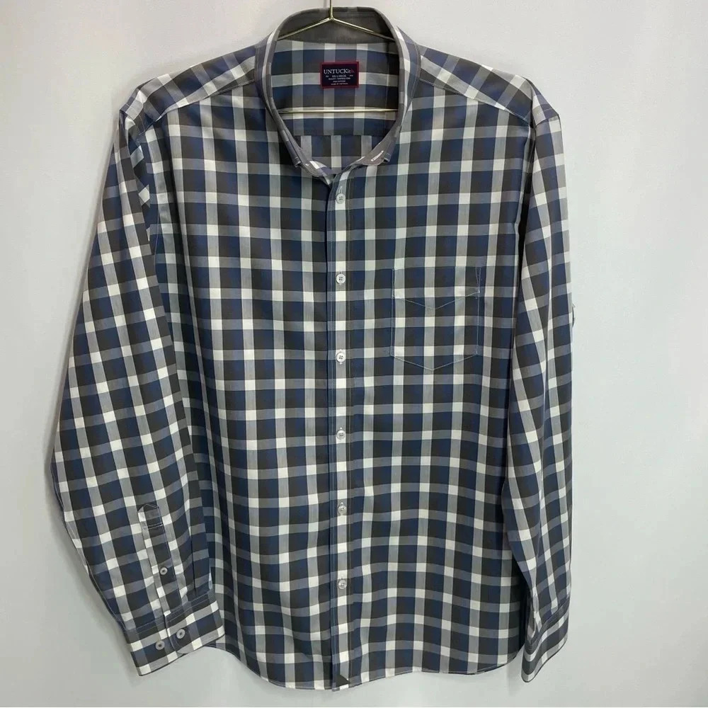 BUNDLE UNTUCKit Plaid Blue/Maroon Long Sleeve Cotton Button Down Tops - Picture 2 of 12